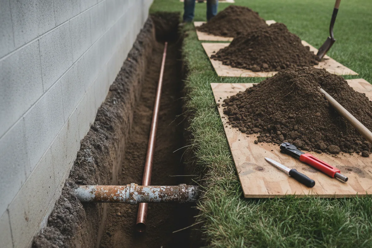 Excavated water line trench during Sewer Line Repair in Towanda